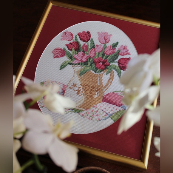 Vintage Spring Floral Cross-Stitch Art in Gold Frame - Picture 2 of 10